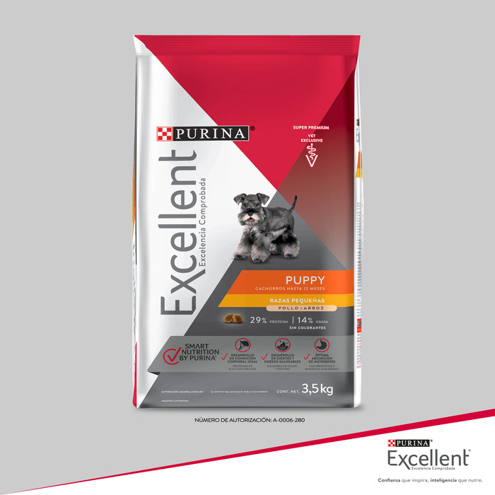 Purina® Excellent® Complete Pollo y Arroz, Alimento Seco Cachorro Razas pequeñas, bulto de 3.5kg