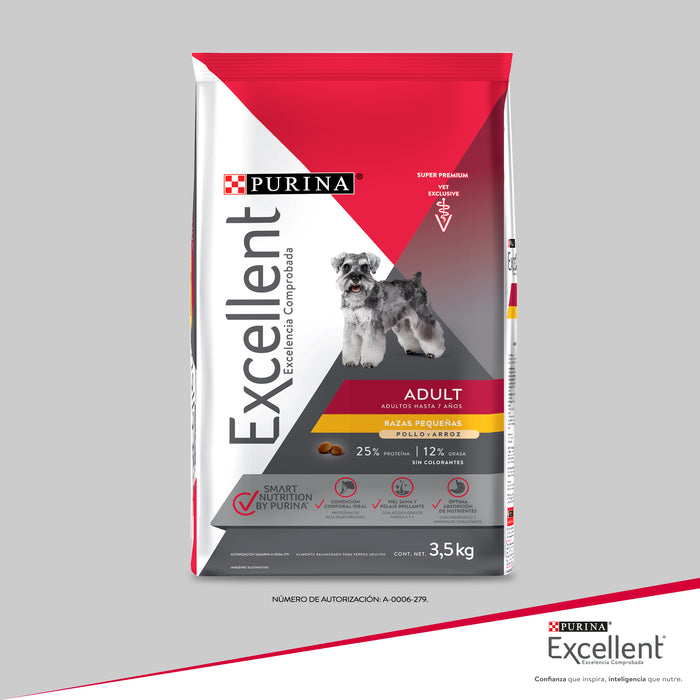 Purina® Excellent® Complete Pollo y Arroz, Alimento Seco Adultos Razas pequeñas, bulto de 3.5kg