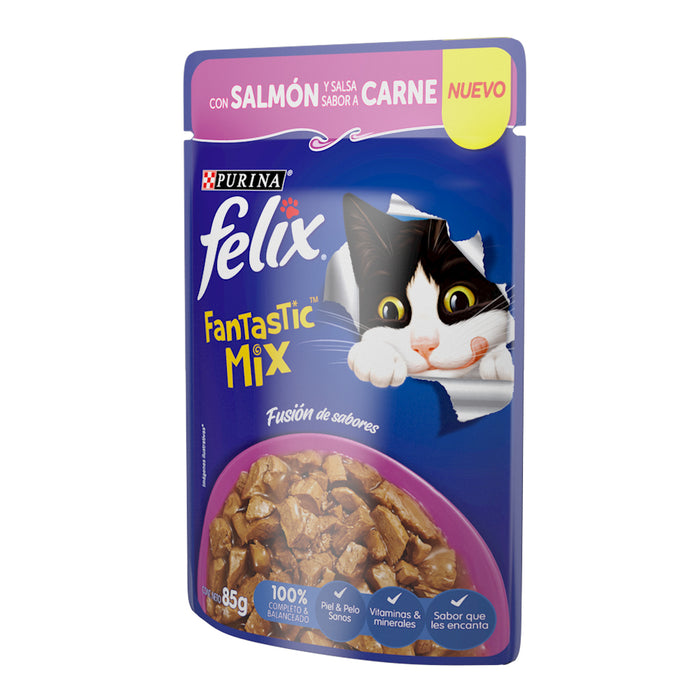 Purina® Felix® Fantastic Mix con Salmón y salsa sabor carne Alimento Húmedo para gatos adultos (paquete de 24 sobres)