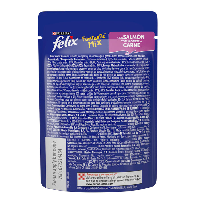 Purina® Felix® Fantastic Mix con Salmón y salsa sabor carne Alimento Húmedo para gatos adultos (paquete de 24 sobres)