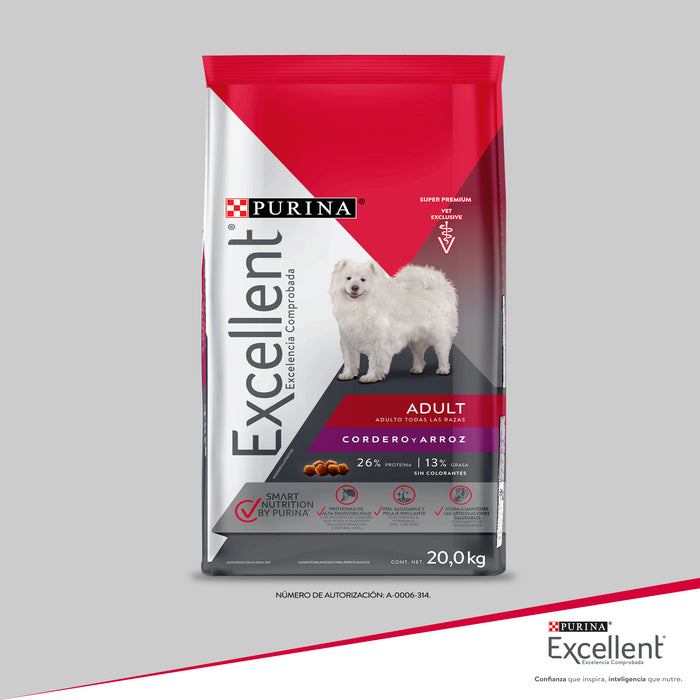 Purina® Excellent® Complete Cordero y Arroz, Alimento Seco Adulto, bulto de 20kg