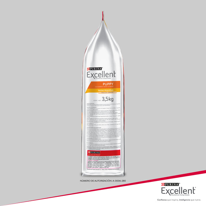 Purina® Excellent® Complete Pollo y Arroz, Alimento Seco Cachorro Razas pequeñas, bulto de 3.5kg