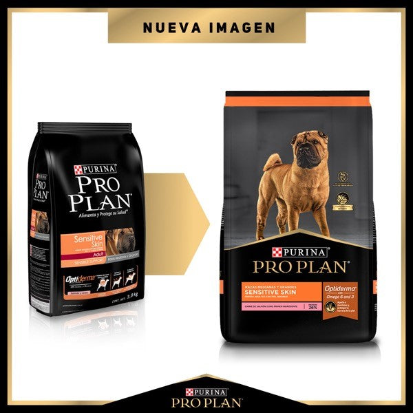 Purina® Pro Plan® Sensitive Skin Adult Razas Medianas y Grandes, Alimento Seco OptiDerma Salmón, bulto de 3kg