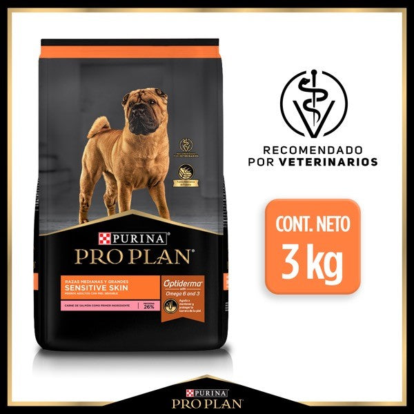 Purina® Pro Plan® Sensitive Skin Adult Razas Medianas y Grandes, Alimento Seco OptiDerma Salmón, bulto de 3kg